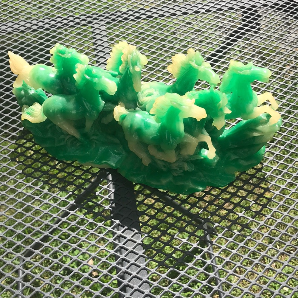 Green and off white resin carved 8 wild horses